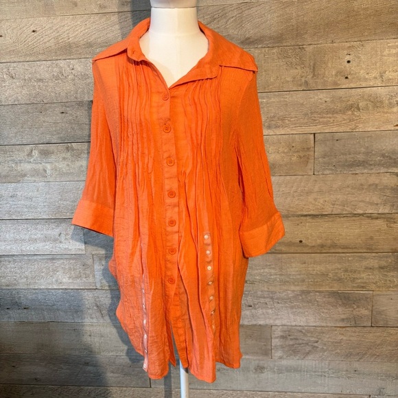 Papillon women’s orange button up roll tab sleeved tunic in size medium - Picture 1 of 12